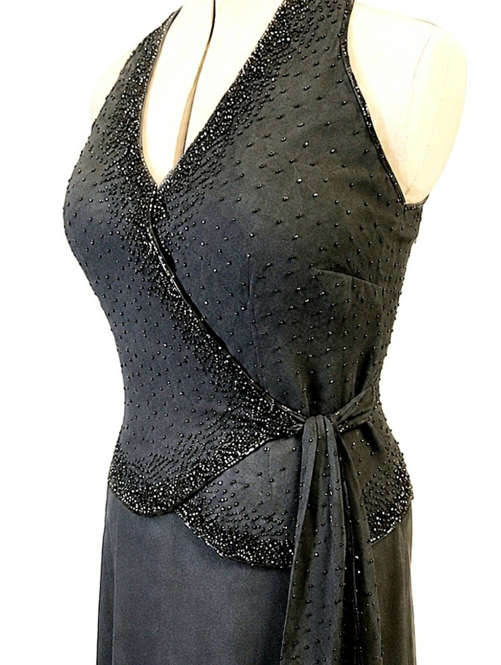 Black Beaded Chiffon Evening Gown • Secure Glass Beadwork • French Seams